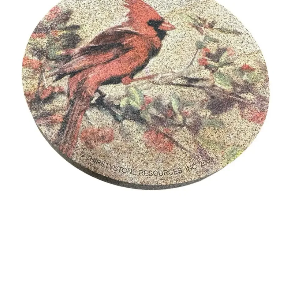 Vtg Thirstystone Set of 4 Winter Cardinal Bird Stone Coasters Cork Back Round 4